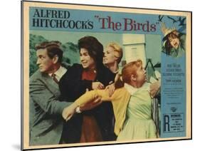 The Birds, Lobbycard, L-R: Rod Taylor, Suzanne Pleshette, Tippi Hedren, Veronica CArtwright, 1963-null-Mounted Art Print