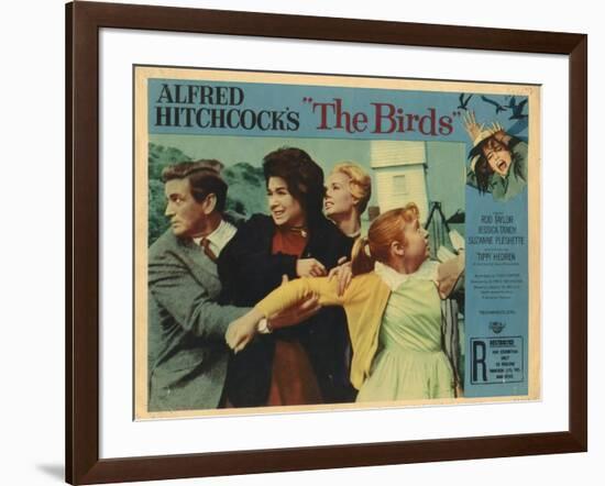 The Birds, Lobbycard, L-R: Rod Taylor, Suzanne Pleshette, Tippi Hedren, Veronica CArtwright, 1963-null-Framed Art Print