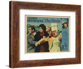 The Birds, Lobbycard, L-R: Rod Taylor, Suzanne Pleshette, Tippi Hedren, Veronica CArtwright, 1963-null-Framed Art Print