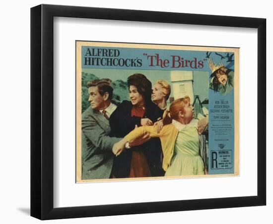 The Birds, Lobbycard, L-R: Rod Taylor, Suzanne Pleshette, Tippi Hedren, Veronica CArtwright, 1963-null-Framed Art Print