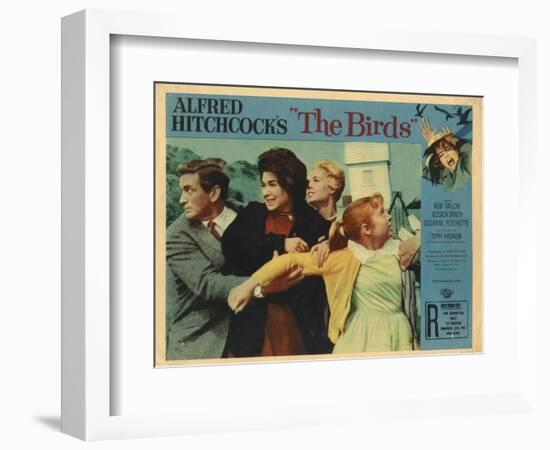 The Birds, Lobbycard, L-R: Rod Taylor, Suzanne Pleshette, Tippi Hedren, Veronica CArtwright, 1963-null-Framed Art Print