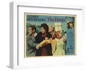 The Birds, Lobbycard, L-R: Rod Taylor, Suzanne Pleshette, Tippi Hedren, Veronica CArtwright, 1963-null-Framed Art Print