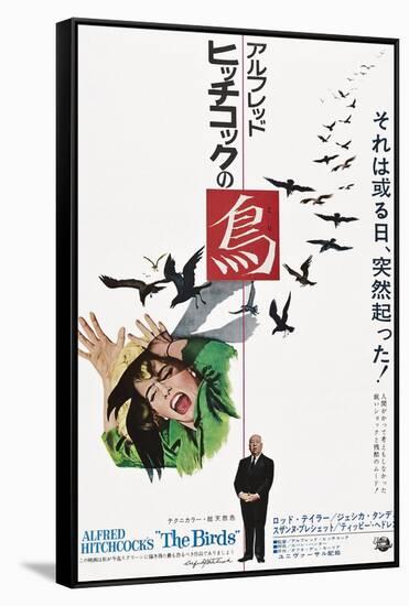 The Birds, Tippi Hedren, Alfred Hitchcock, Japanese Poster Art, 1963-null-Framed Stretched Canvas