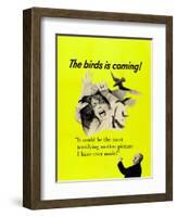 The Birds, Top: Tippi Hedren, Bottom Right: Alfred Hitchcock on CAnadian Poster Art, 1963-null-Framed Art Print