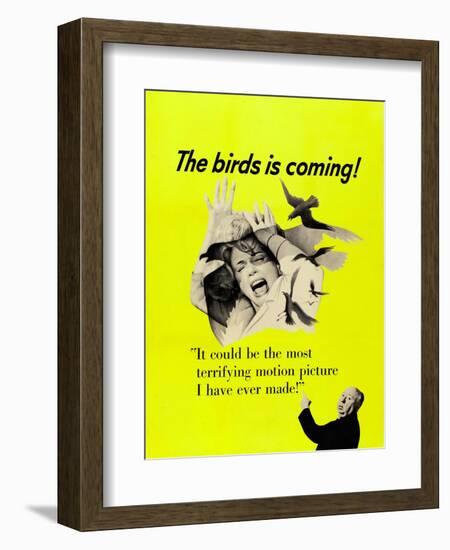 The Birds, Top: Tippi Hedren, Bottom Right: Alfred Hitchcock on CAnadian Poster Art, 1963-null-Framed Art Print