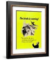 The Birds, Top: Tippi Hedren, Bottom Right: Alfred Hitchcock on CAnadian Poster Art, 1963-null-Framed Art Print