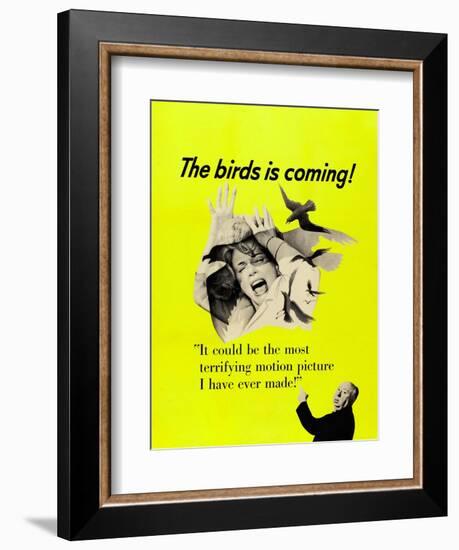 The Birds, Top: Tippi Hedren, Bottom Right: Alfred Hitchcock on CAnadian Poster Art, 1963-null-Framed Art Print