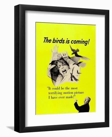 The Birds, Top: Tippi Hedren, Bottom Right: Alfred Hitchcock on CAnadian Poster Art, 1963-null-Framed Art Print