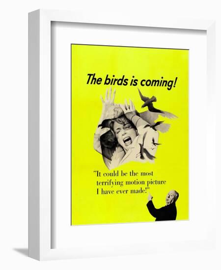 The Birds, Top: Tippi Hedren, Bottom Right: Alfred Hitchcock on CAnadian Poster Art, 1963-null-Framed Art Print