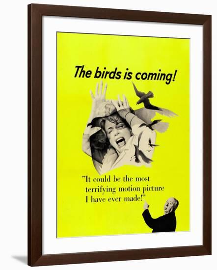 The Birds, Top: Tippi Hedren, Bottom Right: Alfred Hitchcock on CAnadian Poster Art, 1963-null-Framed Art Print