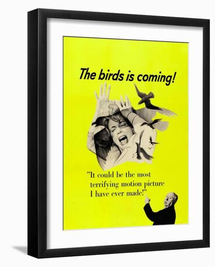 The Birds, Top: Tippi Hedren, Bottom Right: Alfred Hitchcock on CAnadian Poster Art, 1963-null-Framed Art Print