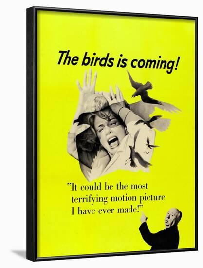 The Birds, Top: Tippi Hedren, Bottom Right: Alfred Hitchcock on CAnadian Poster Art, 1963-null-Framed Art Print