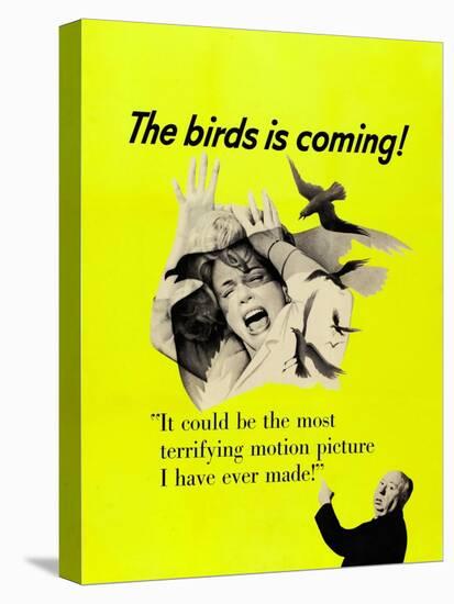 The Birds, Top: Tippi Hedren, Bottom Right: Alfred Hitchcock on CAnadian Poster Art, 1963-null-Stretched Canvas