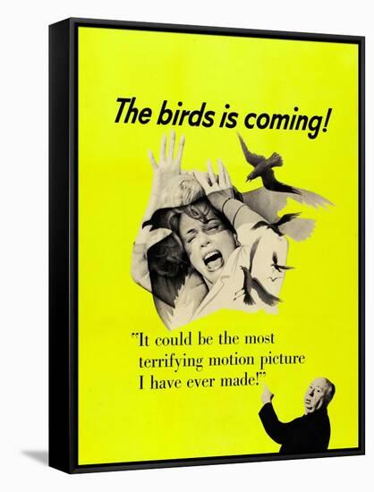 The Birds, Top: Tippi Hedren, Bottom Right: Alfred Hitchcock on CAnadian Poster Art, 1963-null-Framed Stretched Canvas