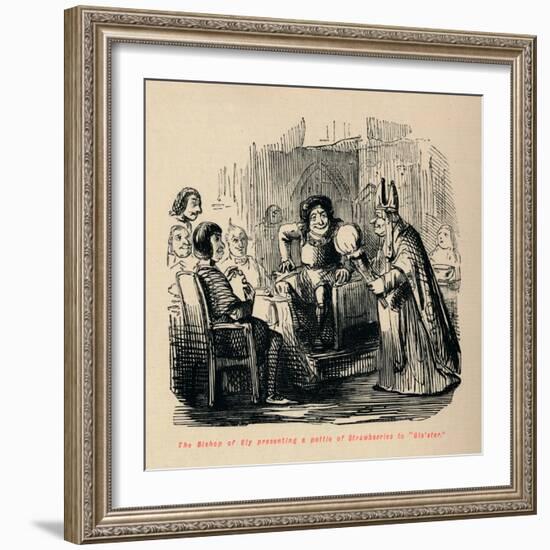 'The Bishop of Ely presenting a pottle of Strawberries to Glo'ster.,-John Leech-Framed Giclee Print