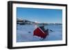 The blue light of dusk on the typical house of fishermen and frozen sea, Fjordbotn, Senja, Norway-Roberto Moiola-Framed Photographic Print