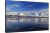 The blue sky and snow capped mountains are reflected in the frozen water  Breivikeidet Lyngen Alps -ClickAlps-Stretched Canvas