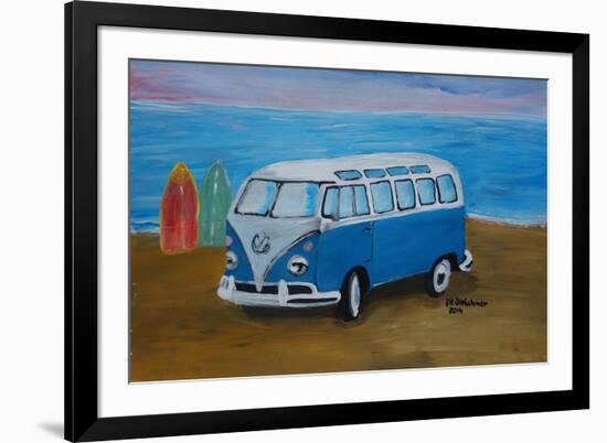 The Blue Volkswagen Bulli Surf Bus with Surf Board-Martina Bleichner-Framed Premium Giclee Print