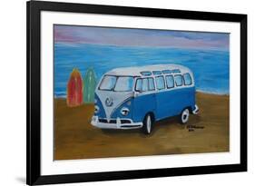 The Blue Volkswagen Bulli Surf Bus with Surf Board-Martina Bleichner-Framed Premium Giclee Print