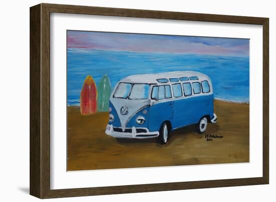 The Blue Volkswagen Bulli Surf Bus with Surf Board-Martina Bleichner-Framed Art Print