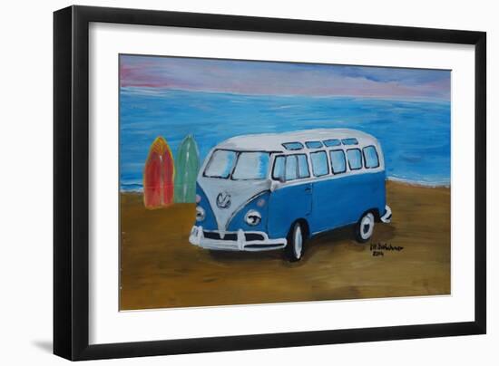 The Blue Volkswagen Bulli Surf Bus with Surf Board-Martina Bleichner-Framed Art Print