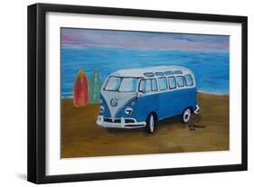 The Blue Volkswagen Bulli Surf Bus with Surf Board-Martina Bleichner-Framed Art Print