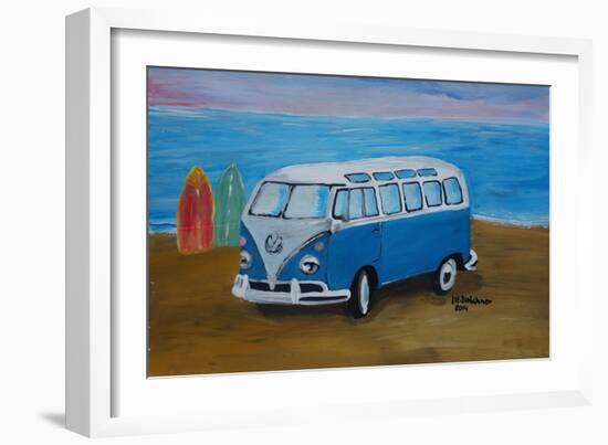 The Blue Volkswagen Bulli Surf Bus with Surf Board-Martina Bleichner-Framed Art Print