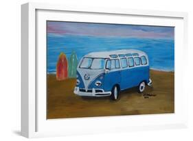 The Blue Volkswagen Bulli Surf Bus with Surf Board-Martina Bleichner-Framed Art Print