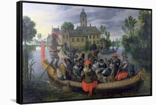 The Boating Party, Satirical Scene with Cats and Monkeys as Humans-Sebastian Vrancx-Framed Stretched Canvas