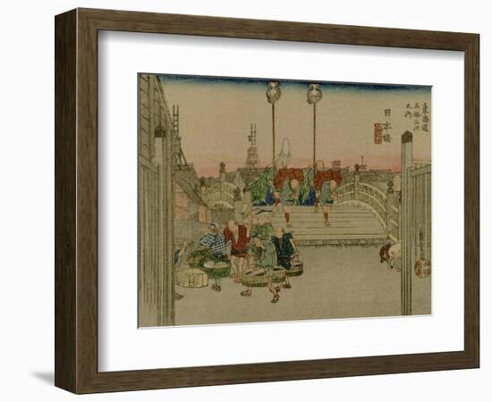 The Bridge Nihonbashi in Tokyo with Merchants Who Were Carrying Them-Utagawa Hiroshige-Framed Art Print