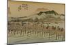 The Bridge over the Kamo River Travelers, Recognizable by their Straw Hats-Utagawa Hiroshige-Mounted Art Print