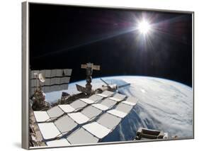 The Bright Sun, a Portion of the International Space Station And Earth's Horizon-Stocktrek Images-Framed Photographic Print