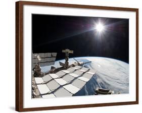 The Bright Sun, a Portion of the International Space Station And Earth's Horizon-Stocktrek Images-Framed Photographic Print