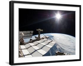 The Bright Sun, a Portion of the International Space Station And Earth's Horizon-Stocktrek Images-Framed Photographic Print