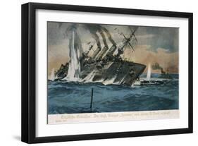 The British Cruiser "Hermes" is Torpedoed and Sunk by a German U-Boat-null-Framed Art Print