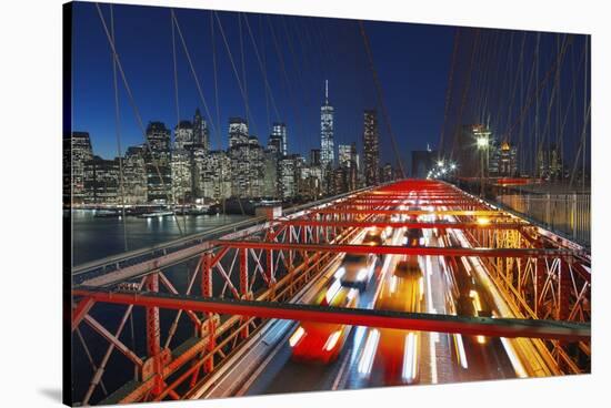 The Brooklyn Bridge and Lower Manhattan Skyline, New York City.-Jon Hicks-Stretched Canvas