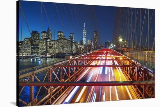 The Brooklyn Bridge and Lower Manhattan Skyline, New York City.-Jon Hicks-Stretched Canvas