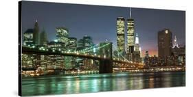 The Brooklyn Bridge and Twin Towers at Night-Barry Mancini-Stretched Canvas