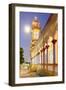 The Cao Dai temple in Vung Tau lit up at dusk with the full moon to the left of the tower, Vietnam-Brian Graney-Framed Photographic Print