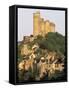 The Castle Towering Above Village Houses, in Early Morning Light, Najac, Midi-Pyrenees, France-Ruth Tomlinson-Framed Stretched Canvas