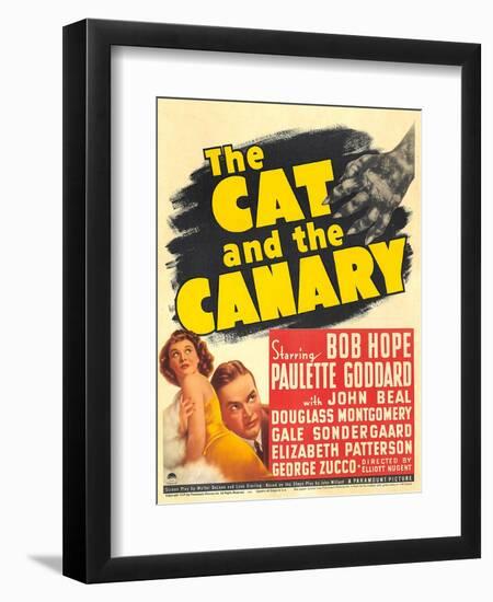 THE CAT AND THE CANARY, from left: Paulette Goddard, Bob Hope on window card, 1939.-null-Framed Art Print