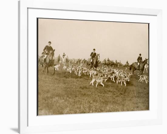 The Chase of the Devon and Somerset Stag Hunt with Horses and Hounds Running Downhill England-null-Framed Photographic Print