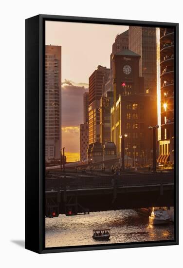 The Chicago River at Sunset.-Jon Hicks-Framed Stretched Canvas