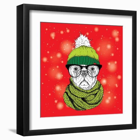 The Christmas Poster with the Image Dog Portrait in Winter Hat. Vector Illustration.-Sunny Whale-Framed Art Print