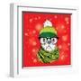 The Christmas Poster with the Image Dog Portrait in Winter Hat. Vector Illustration.-Sunny Whale-Framed Art Print