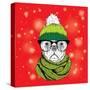 The Christmas Poster with the Image Dog Portrait in Winter Hat. Vector Illustration.-Sunny Whale-Stretched Canvas