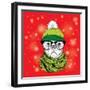 The Christmas Poster with the Image Dog Portrait in Winter Hat. Vector Illustration.-Sunny Whale-Framed Art Print