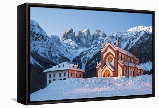 The Church of Falcade, with Focobon Peaks in the Background, in Wintertime, Dolomites, Belluno-ClickAlps-Framed Stretched Canvas