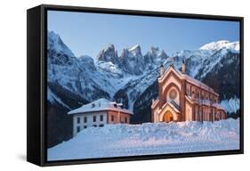 The Church of Falcade, with Focobon Peaks in the Background, in Wintertime, Dolomites, Belluno-ClickAlps-Framed Stretched Canvas
