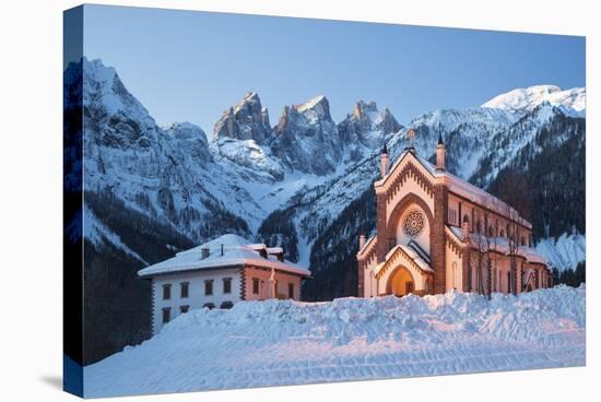 The Church of Falcade, with Focobon Peaks in the Background, in Wintertime, Dolomites, Belluno-ClickAlps-Stretched Canvas